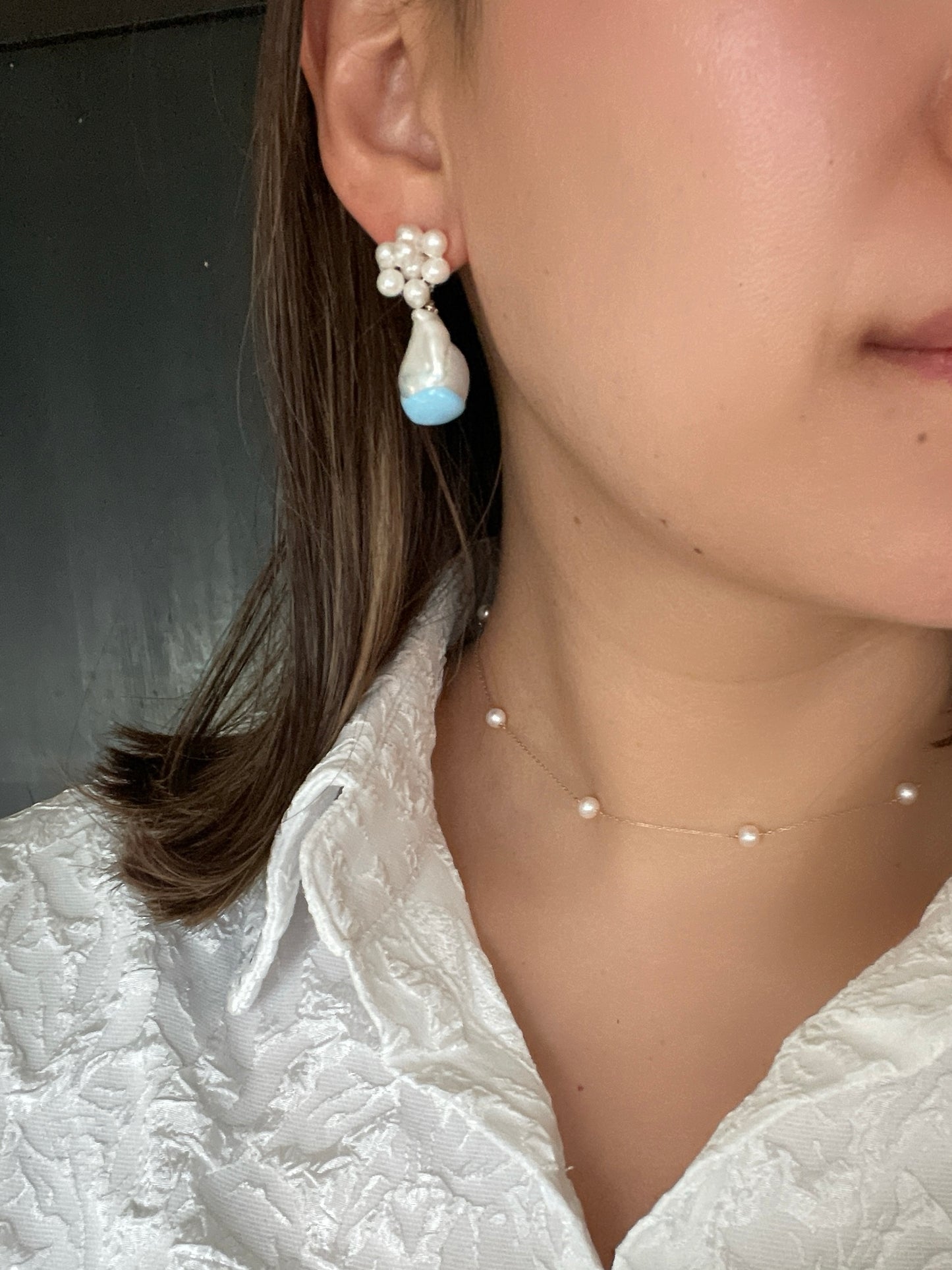 Something BLUE_ Flower earrings _ Baroque Pearl_WHT / Happy Blue K10 ピアス/イヤリング