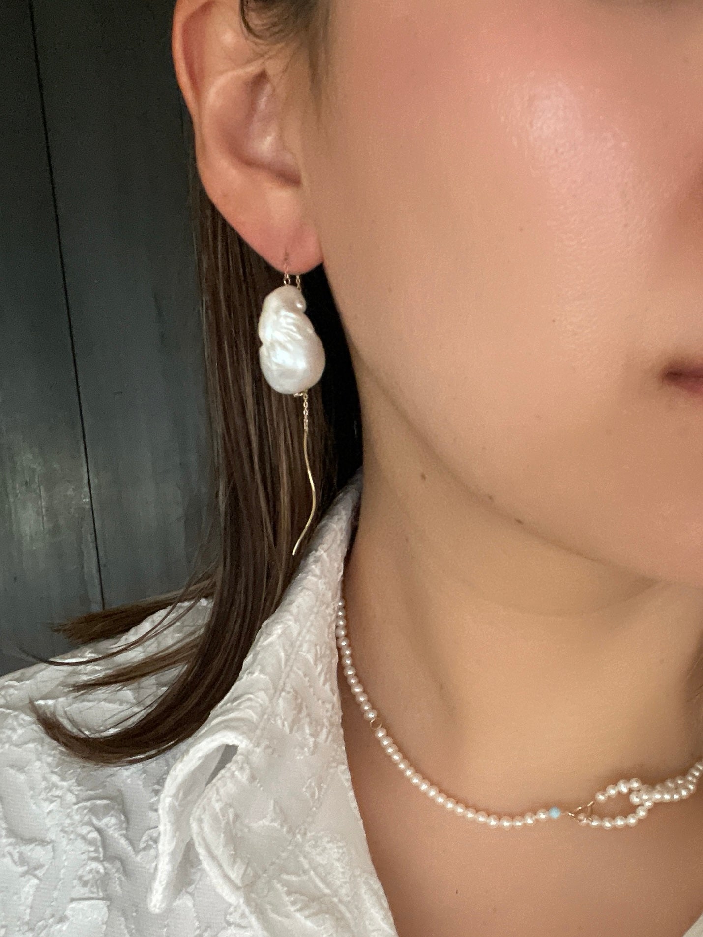 Something BLUE_ Wave long earrings _Baroque Pearl_WHT / Happy Blue K10