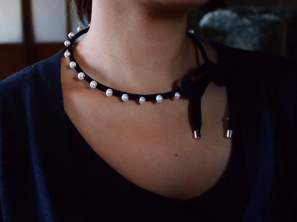 &RINA dots Pearl Ribbon Choker_BLK