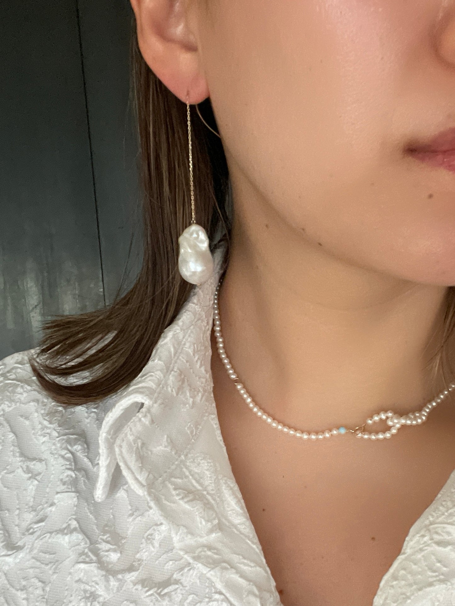 Something BLUE_ Wave long earrings _Baroque Pearl_WHT / Happy Blue K10