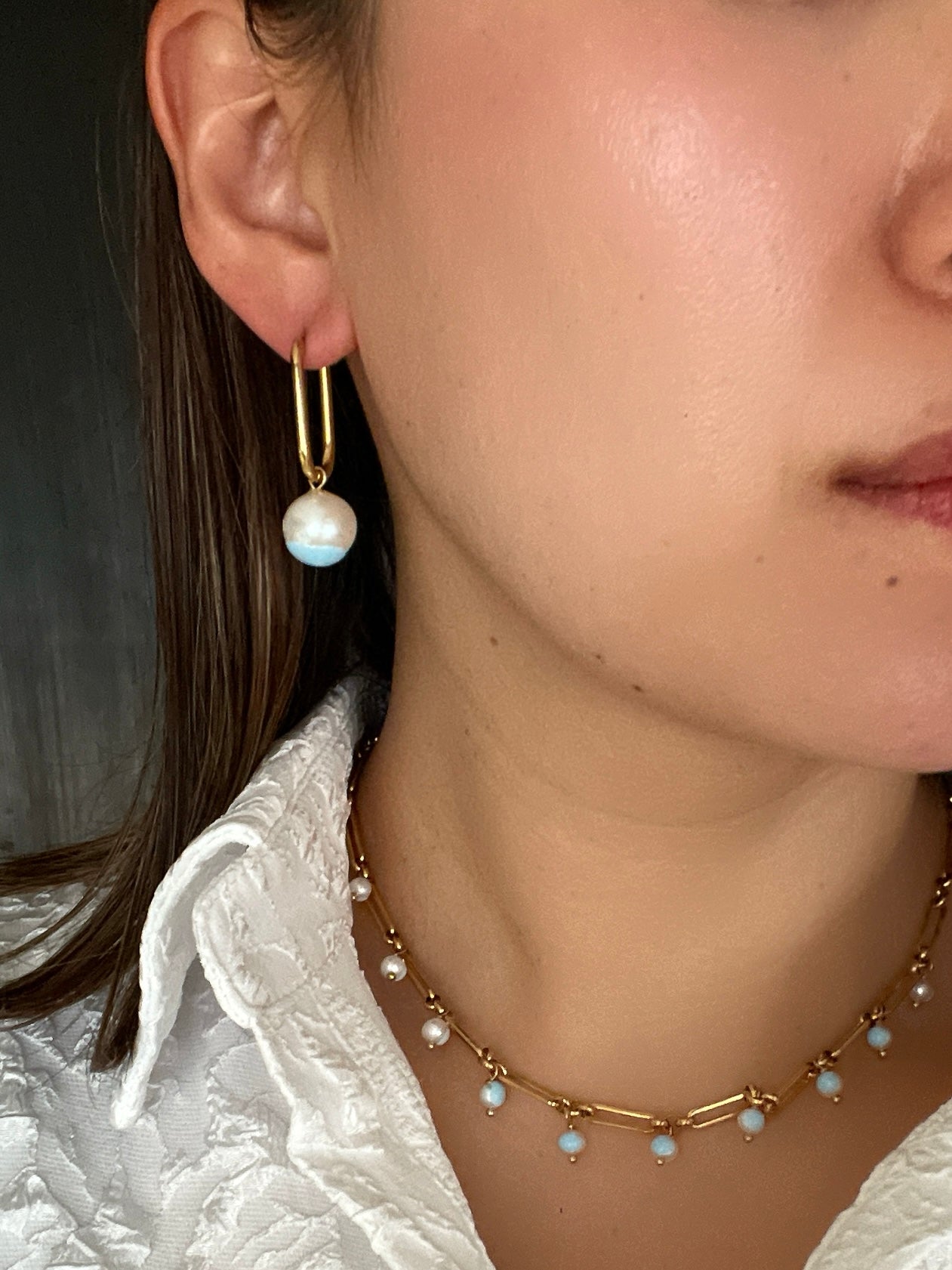 Something BLUE_ Square Hoop Earrings_ Extra Large Pearl_WHT / Happy Blue