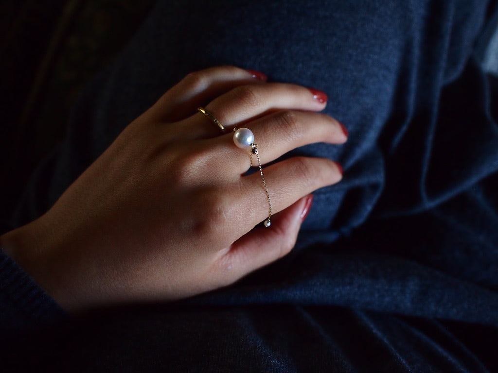 10K DROP CHAIN RING / あこや真珠_L