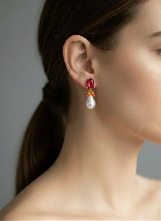 Daily Luxe_Drop pearl crystal_neon pearl _Ruby red ピアス・イヤリング